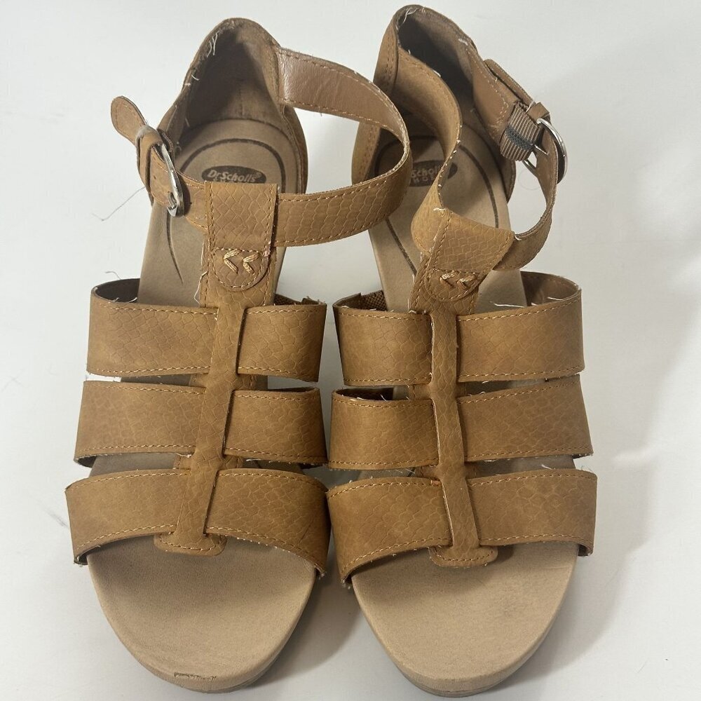 * Dr. Scholls Tan Strappy Sandals With Adjustable Buckle & Low Wedge Heel Size 8